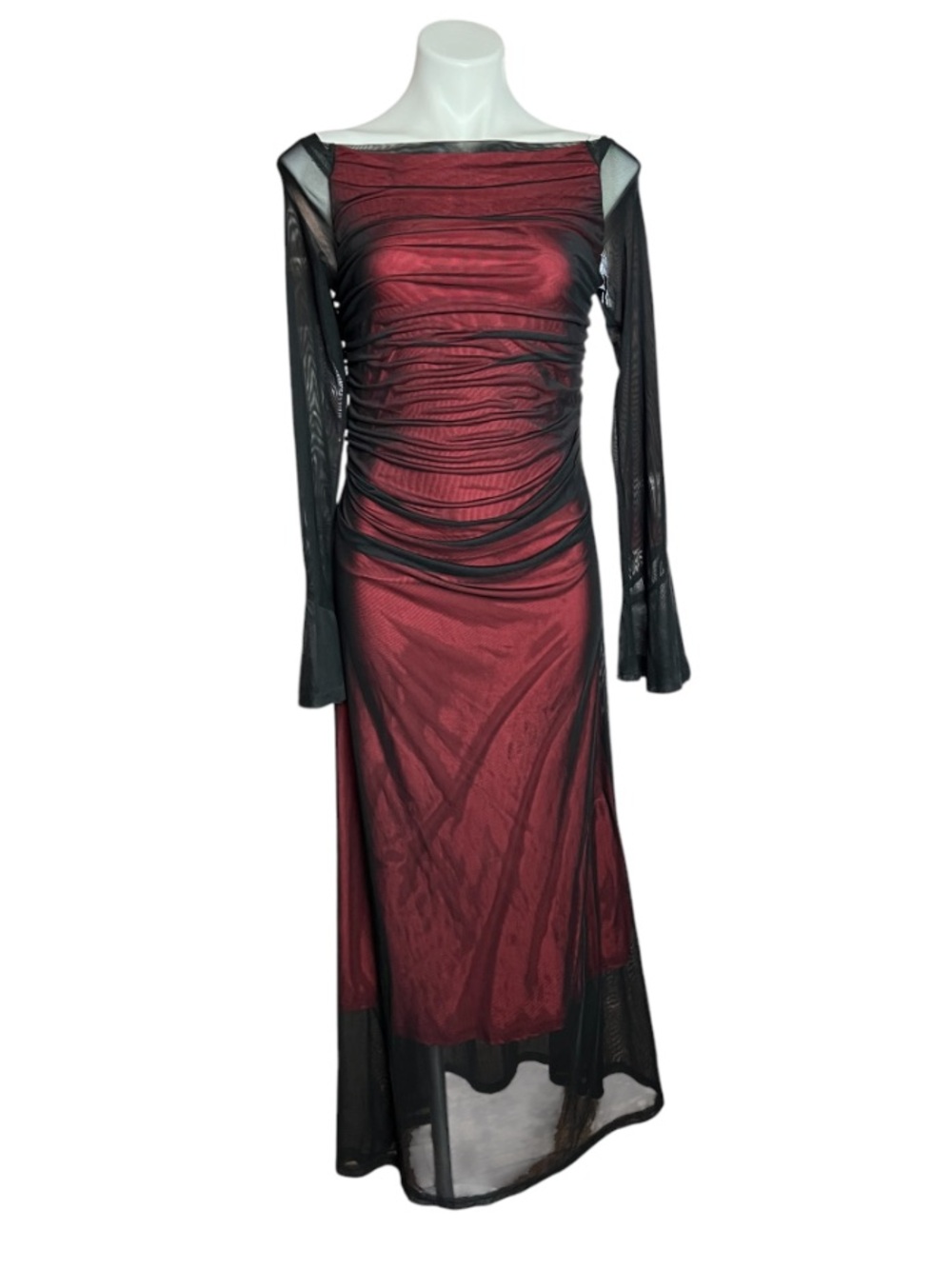 Sheer Black Red Lined Whimsigoth Maxi Dress Flare Sleeves Sz L EUC